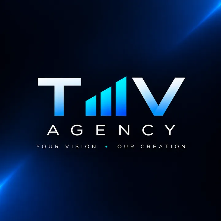 Logo de TMV Agency: T y V blancas con tres barras ascendentes de azul a cian formando la M, sobre la palabra AGENCY y el eslogan Your Vision, Our Creation